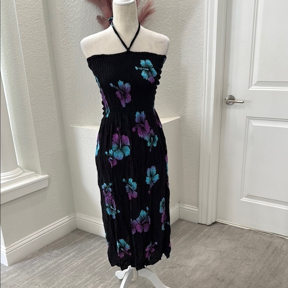 Floral Halter Neck Black Swimsuit Cover Up Dress - Picture 1 of 5